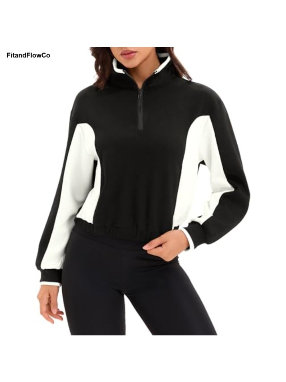 Quarter Zip Crop Sweatshirt Color Block Pullover Loose Fit Casual